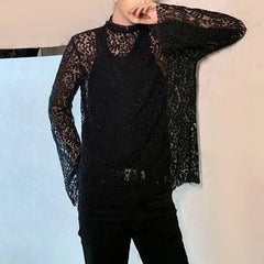 Hearujoy Mens Sexy Lace See-Through Long-Sleeve Top 2024 New Fashion Nightclub Youth Personality Versatile Thin High-Neck T-Shirt For Men