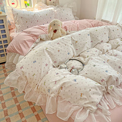 YICKYUE  -  Smooth Cool Bedding Set Lace Cute Duvet Cover Sheet Pillowcases Soft Imitation Silk Bedroom Linen Set Comfortable for Bed