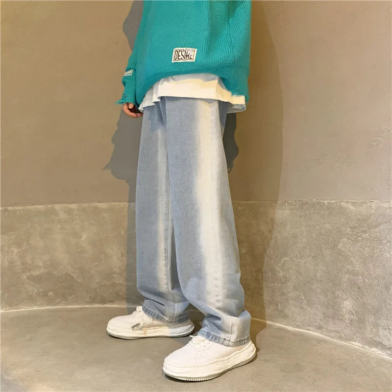 HEARUJOY  -  Men Wide Leg Ankle Length Jeans Washed Jean Denim Trousers Mid Waist Distressed Pockets Straight Pants Zipper Fly Vintage