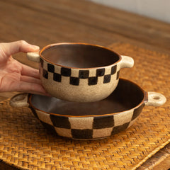 YICKYUE  -  Vintage Style Chessboard Pattern Ceramics Double Ear Noodle Bowl Breakfast Bowl Fruit Salad Plate Soup Bowl Creativity Tableware