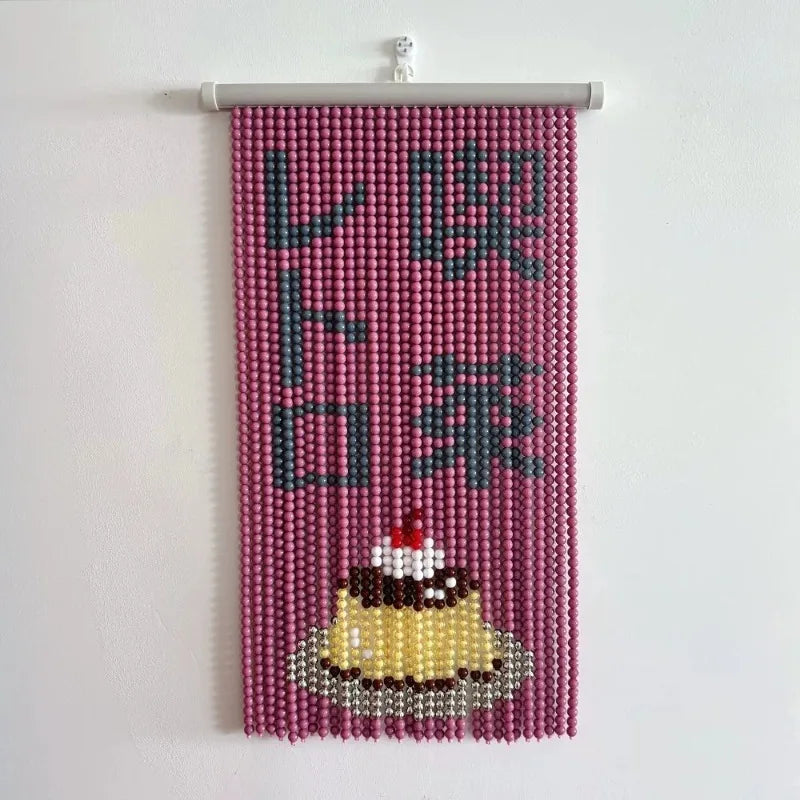 YICKYUE  -  Handmade Retro Japanese Cafe Pudding Melon Soda Beaded Ornaments Tapestry Curtain Kawaii Bear Wall Hanging for Room Decoration