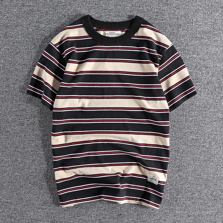 HEARUJOY  -  Summer Splicing Pure Cotton Stripe Short Sleeve T-shirt Streetwear Amekaji Heavyweight Casual Male Round Neck Tshirt Tops Tee