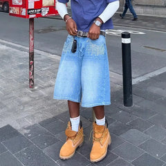 HEARUJOY  -  Streetwear Mens Womens Vintage Rhinestone Sequin Denim Shorts Y2K Jeans Hip Hop Washed Baggy Jeans Low Rise Over The Knee Pants