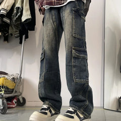 Hearujoy Men's Patchwork Blue Cargo Jeans Unisex Straight Casual Trousers Men Muti-pockets Hip Hop Streetwear 90s Vintage Fashion Pants