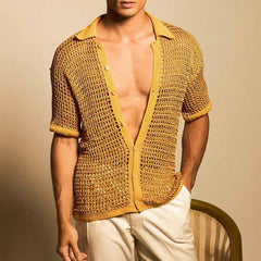 HEARUJOY  -  Summer Men's Casual Knitted Shirt Lapel Short Sleeve Hollow Out Breathable Cardigan Top Fashion Sexy Mesh Kint Shirts Streetwear
