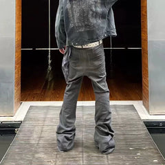 Hearujoy High Street Washed Gray Boot Cut for Men and Women Straight Frayed Casual Baggy Flare Jeans Oversized Loose Denim Trousers