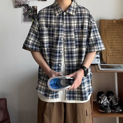 HEARUJOY  -  New Men's Color-blocking Retro Plaid Shirt Lapel Teenager