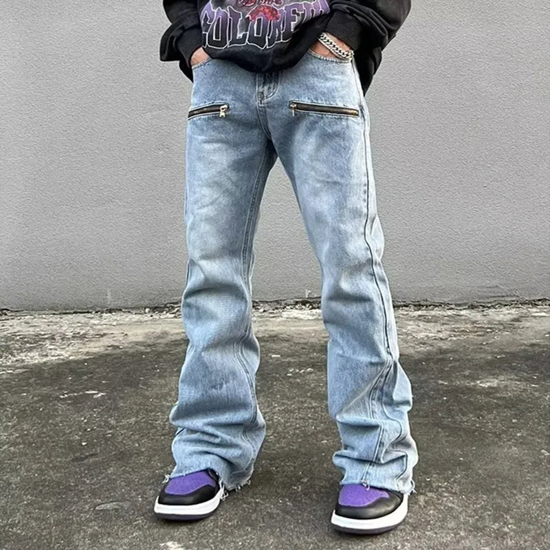 HEARUJOY  -  Y2K Fashion Zipper Retro Washed Baggy Flare Jeans Pants Men Streetwear Hip Hop Wide Leg Straight Denim Trousers Ropa Hombre