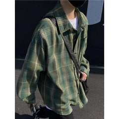 HEARUJOY  -  Brushed Plaid Long Sleeve Mens Shirt Autumn New Style Color Block Loose Versatile Fashion Casual Couple Cool Handsome Top