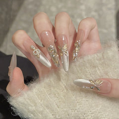 YICKYUE  -  Handmade French Cat Eye Press on Nails Glitter Champagne Crystal Butterfly False Nails 3d Rhinestone Snake New Year Fake Nails