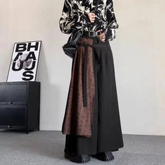 HEARUJOY  -  Mens Double Layer Chinese Calligraphy Splicing Irregular Culottes Genderless Waist Strap Loose Wide Leg Pants Unisex