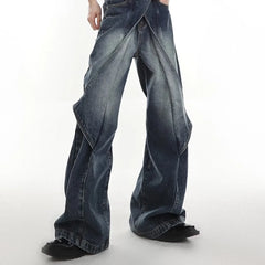 Hearujoy Men Casual Jeans Summer Heavy-Duty Old Washed Jeans Deconstructed Cut-Out Design Gradient Color Flared Pants Wide-Leg Pants
