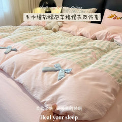 YICKYUE  -  3/4Pcs Bedding Set Bed Sheets Full Set 100% Cotton Checkered Bow Pink Duvet Cover Cute Core Princess Bedding Four-Season