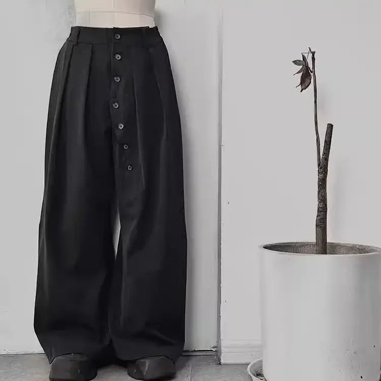 YICKYUE  -  Unisex Wide-Leg Trousers - High Waist with Button Fly Pleated Relaxed Fit