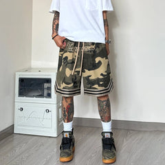 Hearujoy Summer Genderless Unique Camouflage Casual Cargo Shorts Unisex American High Street Fashion Outdoor Loose Five-Quarter Pants