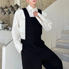 Hearujoy Mens Autumn Winter Solid Color Korean Retro Overalls Genderless Trendy Casual Versatile Wide Shoulder Wide Leg Pants For Men