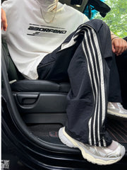 HEARUJOY  -  Spring Summer Men's Workwear Pants Loose Straight Leg Spor Casual Trousers High Street Trend Tee Stripe Leisure Trousers
