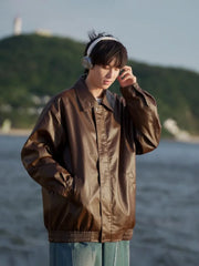 HEARUJOY  -  Vintage Wash PU Leather Jacket Unisex Warm Autumn Spring Outfit Streetwear Functional Loose Coat with Modern Design
