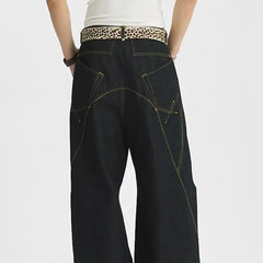 Hearujoy Man Pants Jeans Y2K Unique Five Pointed Star Stitching Design Dark Wash Denim Bootcut Trousers Baggy Jeans Unisex Men's Clothes