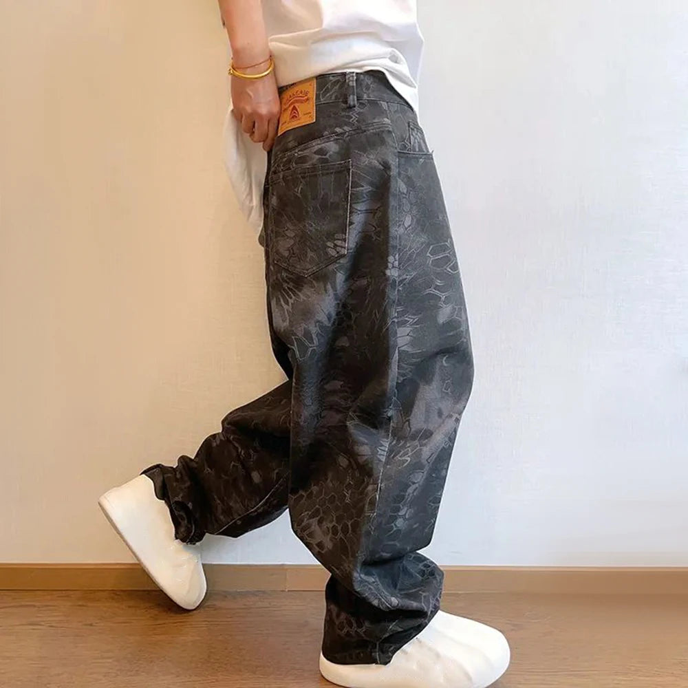 Hearujoy Mens Casual Pants Fashionable Trendy Y2k High Street Hip-Hop Retro Snake Pattern Loose Jeans Spring And Autumn New Style
