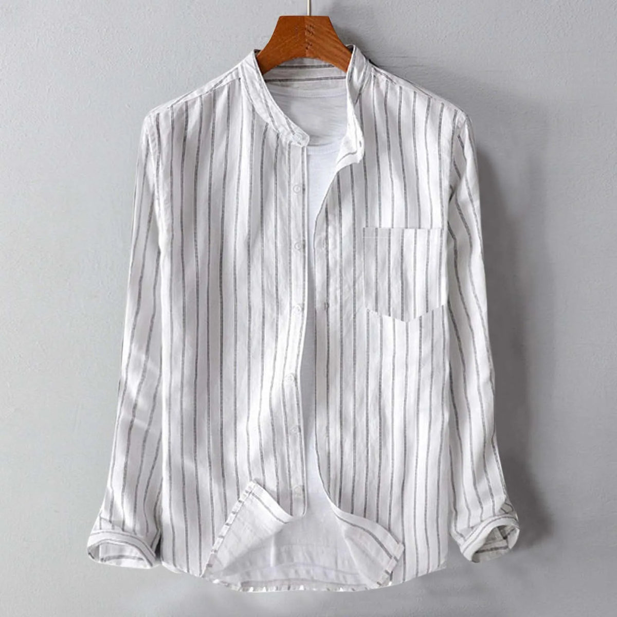 HEARUJOY  -  Elegant Regular Fit Formal Dress Men'S Shirt Male Casual Striped Pocket Shirt Stand Long Sleeve Button Shirt Camisa Masculina