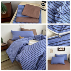 YICKYUE  -  3/4pcs Striped Bedding Set Japanese Style Soft Sheet Kit with Quilt Cover Comfy Four Seasons Student Adult Bedclothes Twin