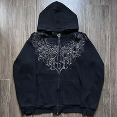 Hearujoy Affliction Street Hoodie Y2K Retro Gothic Skull Oversize Zipper Hoodie Mens Womens Hip Hop Casual Sweatshirt Personality Hoodie