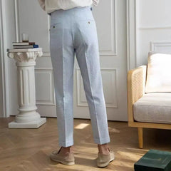 HEARUJOY  -  Fashion Men's Italian Style Naples Suit Pants Blue Stripes Seersucker High Waist Paris Buckle Trouser England Business Casual Pa