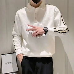 Hearujoy Men's White Hooded Lapel Shirt Outfit Color Blocked Long Sleeved Polo Shirt Korean Loose Casual Slim Versatile Outdoor Blouse