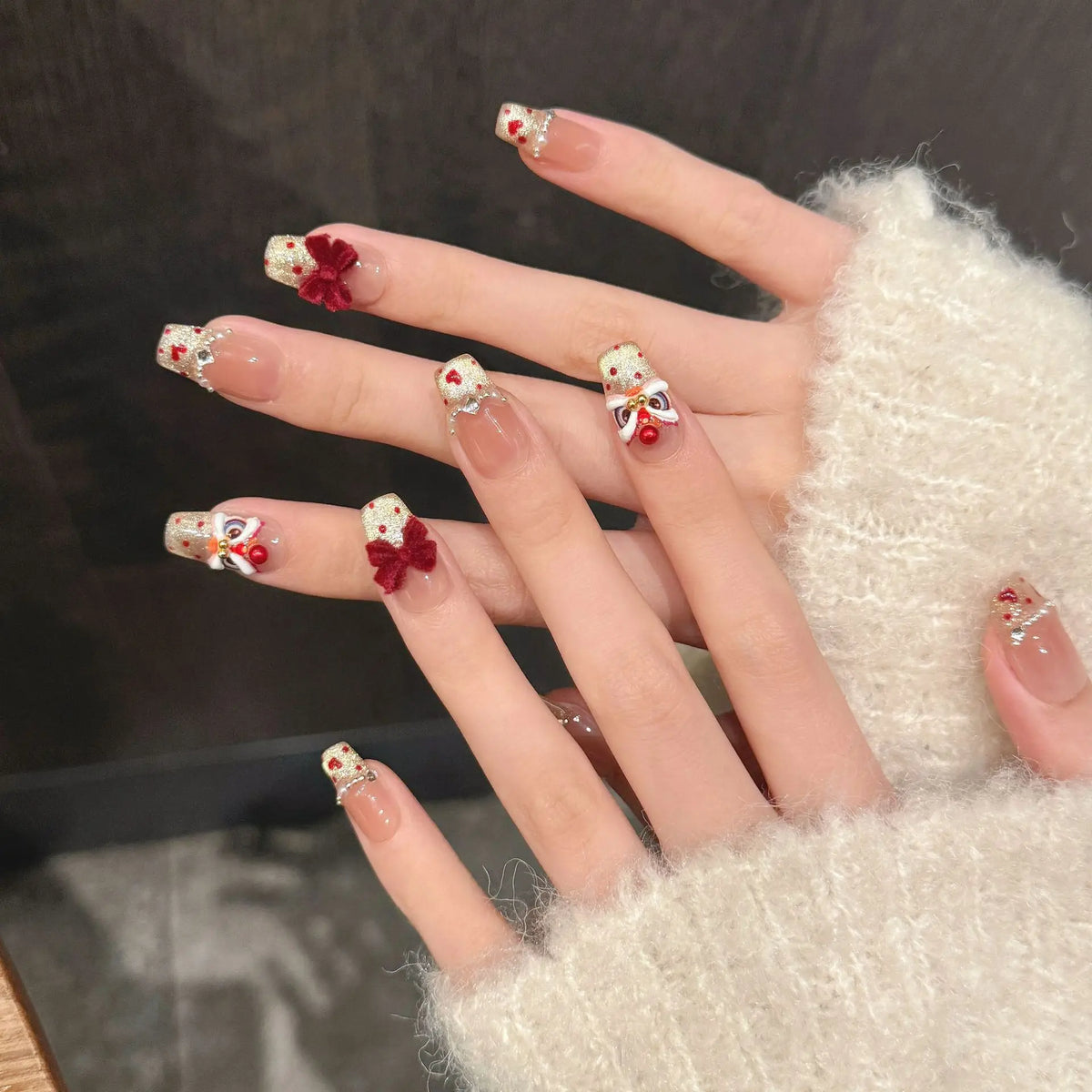 YICKYUE  -  Handmade New Year Press on Nails Shiny Gold Powder Lucky Lion False Nails Wearable Full Cover French Cat Eye Fake Nail Tips