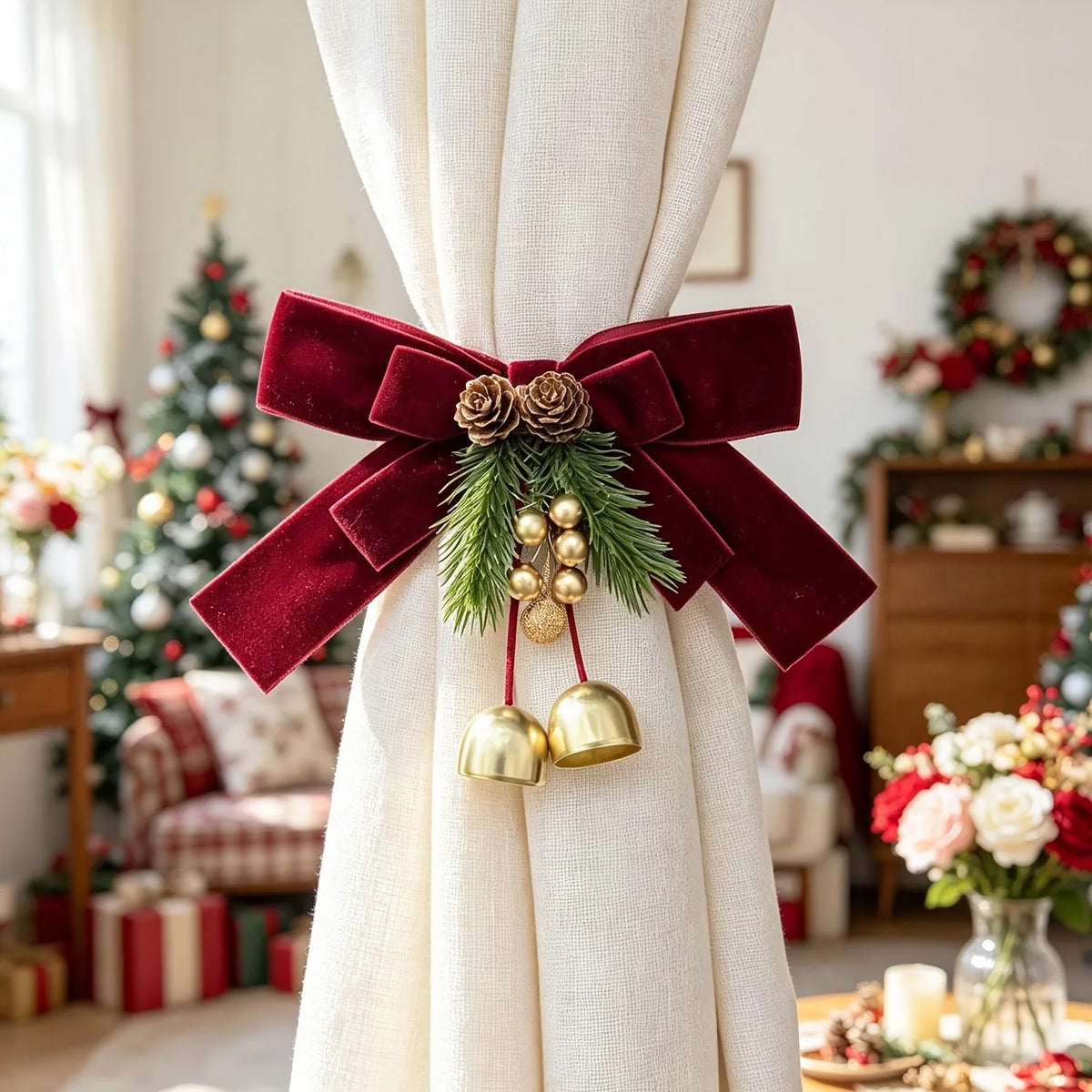 YICKYUE  -  1/2pcs Christmas Red Curtain Tie-Backs, Curtain Tie-Back Additions, Red Bow, Pinecone, Golden Small Bell Decoration, Home Decor