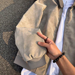 YICKYUE  -  American High Street Mens PU Jacket Gray Dark Stripe Tie Dye Detroit Leather Coat Fall Long Sleeve Lapel Top Workwear Outwear