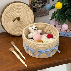 YICKYUE  -  1PCS Cotton Rope Storage Basket with Lid – Non-Woven Fabric Dustproof Decorative Organizer for Home Desktop Bathroom