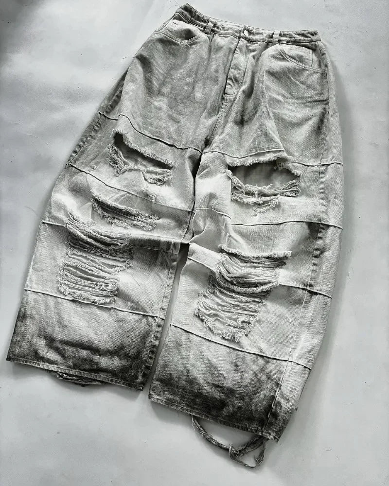 Hearujoy Y2k European and American street punk Harajuku couple casual oversized wide-leg pants vintage washed ripped jeans women pants