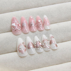 YICKYUE  -  24pcs Ins Pink French Fake Nails 3D Sweet Bow Decor Press on Nails Full Cover Y2k Diamond Star Almond Head False Nail Patches
