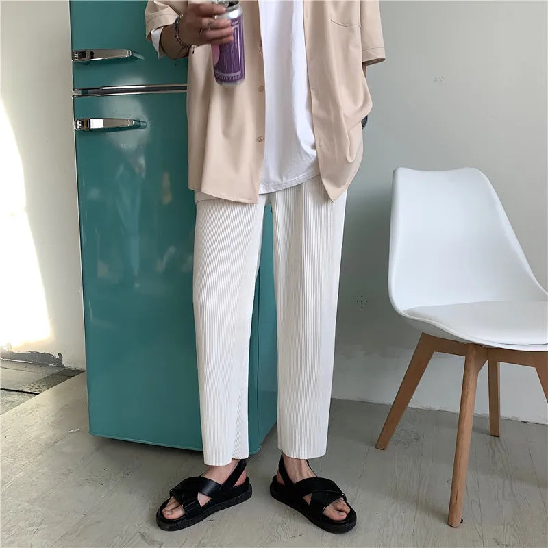 HEARUJOY  -  Korean version Pleated Shirring Pants Men's NEW Fashion Elastic Waist Casual Pants Men Streetwear Ice Silk Trousers Mens Pants