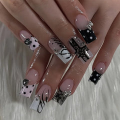 YICKYUE  -  24PCS Y2k Dark Medium Square False Nails Black Lace Cross French Polka Dot Press on Nails 3D Metallic Silver Bow Heart Nail Tips