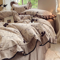 YICKYUE  -  4-pcs Set with Linen Touch, Pure Polyester Material Ruffled Romantic Bow Design Girl Woman Bedroom Bedding Set Colored Flowers