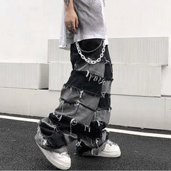 Hearujoy Jeans Men's Patchwork Wide Leg Lazy Style Hip Hop Loose Denim Pants Men Baggy Ripped Distressed Stacked Jeans Y2K Grunge