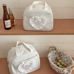 YICKYUE  -  Large Capacity Corduroy Lunch Bag Lace Heart Design Portable Food Pouch Lunch Organizer for Students Office Commute Use