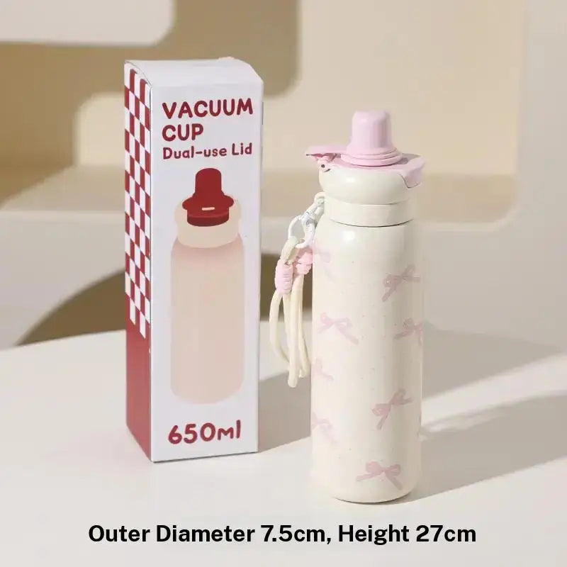 YICKYUE  -  Cute Cartoon Fashion Straw Cup Large Capacity Student Dual Water Bottle, Stainless Steel Insulated Flask, Bow Bear Pattern