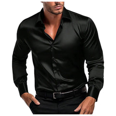 HEARUJOY  -  Stylish Collar Solid Color Smooth Thin Long Sleeve Casual Shirt Men's Shiny