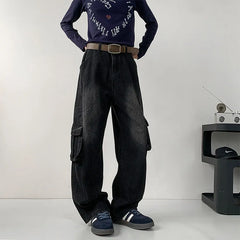 HEARUJOY  -  Black Baggy Jeans Men Retro Pocket Jeans Men Vintage Trousers Streetwear Hip-hop Loose Wide Leg Jeans Mens Denim Cargo Pants