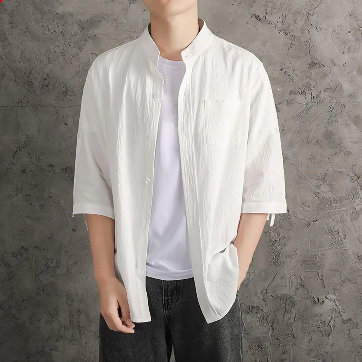 HEARUJOY  -  Loose Roll-Up Sleeves Men'S Button Down Shirt Men Fashion Spring Summer Casual Short Sleeve Turndown Neck Roupas Masculinas