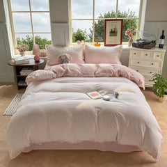 YICKYUE  -  Korean Pink Bedding Set Coquette Aesthetic Duvet Cover Set Soft Pastel Muted Tone Single Size Double Bed Sheet Set For Bedroom