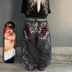 Hearujoy Y2k New Street Harajuku Pattern Jeans Black Baggy Jeans Retro Style Denim Pants Mens and Womens Hip Hop High Waist Wide Pants