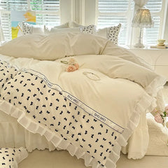 YICKYUE  -  4Pcs Bedding Set Korean Princess-Style White Lace Duvet Cover Pillowcases And Ruffled Bed Skirt Couple Quilt King-Size Sheets