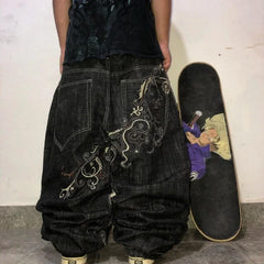 Hearujoy American Harajuku Gothic Embroidered Loose Jeans Men's Street Hip-hop Retro Trousers Casual Straight Black Wide-leg Pants