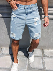 HEARUJOY  -  Men's Spring/Summer Street Fashion Casual Ripped and Distressed Straight-Leg Blue Denim Shorts, maintains its shape, wrinkle-res