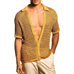 HEARUJOY  -  Summer Men's Casual Knitted Shirt Lapel Short Sleeve Hollow Out Breathable Cardigan Top Fashion Sexy Mesh Kint Shirts Streetwear